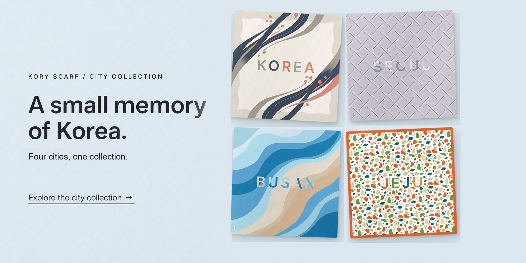 Four KORY cotton scarfs for Korea, Seoul, Busan and Jeju