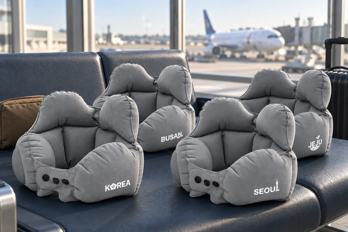 공항 대기 좌석에 나란히 세워 둔 코리아 · ソウル · 부산 · 제주 목쿠션 네 개