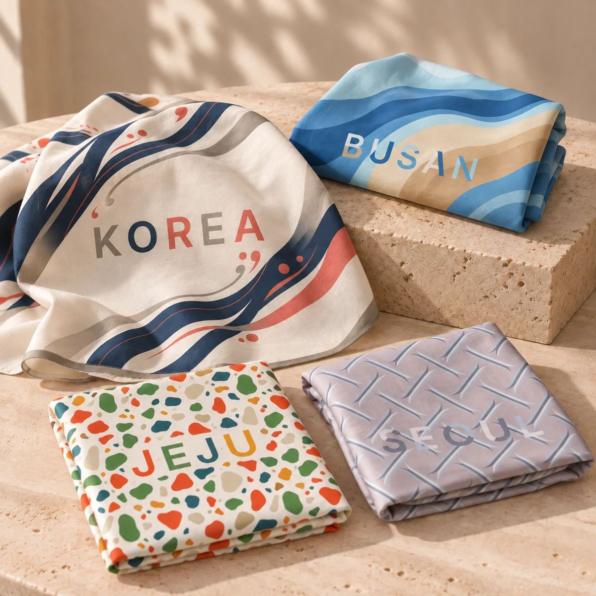 트래버틴 돌 위에 놓은 코리아 · 서울 · 부산 · 제주 스카프 네 장